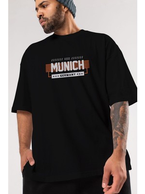 ankhises Munich Ön Baskılı Siyah Oversize T-Shirt  Erkek Kadın Bisiklet Yaka