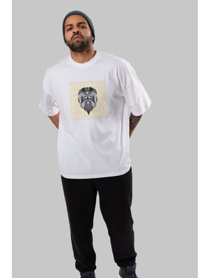 ankhises The Lion Yazılı Ön Baskılı Beyaz Oversize T-Shirt Erkek Kadın Bisiklet Yaka