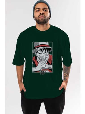 Ankhises Luff D. Monkey Onepiece Anime Ön Baskılı Zümrüt Yeşili Oversize T-Shirt Erkek Kadın