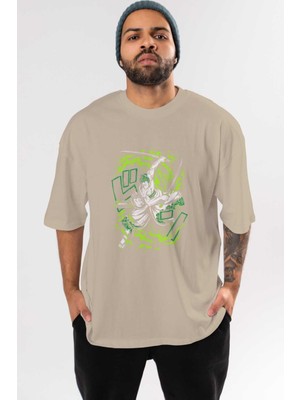 Ankhises Zoro-One Pıece (2) Anime Ön Baskılı Bej Oversize T-Shirt Erkek Kadın
