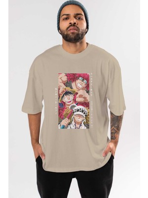 Ankhises Super Novas One Piece Anime Ön Baskılı Bej Oversize T-Shirt Erkek Kadın