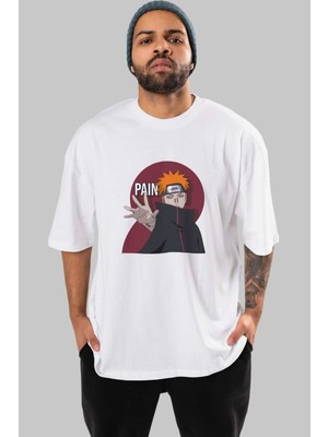 ankhises Paın Naruto Anime Ön Baskılı Beyaz Oversize T-Shirt Erkek Kadın