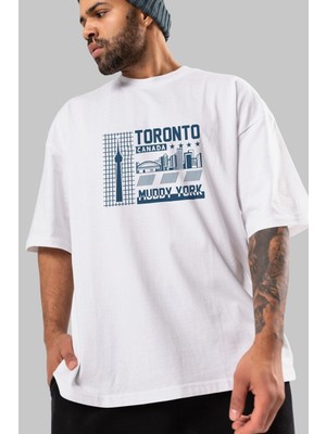ankhises Toronto Ön Baskılı Beyaz Oversize T-Shirt  Erkek Kadın Bisiklet Yaka
