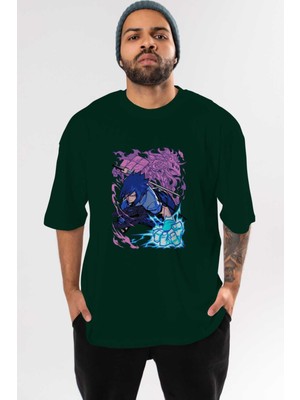 Ankhises Naruto Sasuke Uchıha 2 Anime Ön Baskılı Zümrüt Yeşili Oversize T-Shirt Erkek Kadın