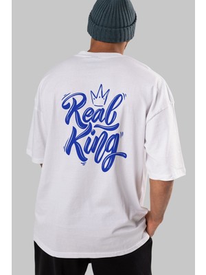 ankhisesReal King Yazılı Arka Baskılı Beyaz Oversize T-Shirt Erkek Kadın Bisiklet Yaka