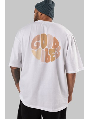 ankhises Good Vibes Yazılı 3 Arka Baskılı Beyaz Oversize T-Shirt Erkek Kadın Bisiklet Yaka