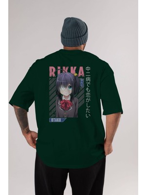 Ankhises Rikka Takanashi 9 Anime Arka Baskılı Zümrüt Yeşili Oversize T-Shirt Pamuk Erkek Kadın