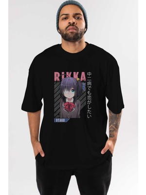 ankhises Rikka Takanashi 9 Anime Ön Baskılı Siyah Oversize T-Shirt Erkek Kadın