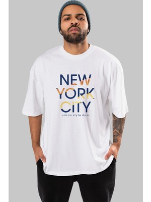 ankhises New York City Style Ön Baskılı Beyaz Oversize T-Shirt  Erkek Kadın Bisiklet Yaka