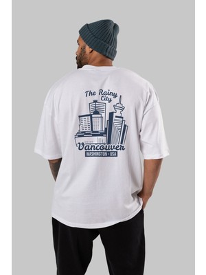 ankhises Vancouver Arka Baskılı Beyaz Oversize T-Shirt  Erkek Kadın Bisiklet Yaka