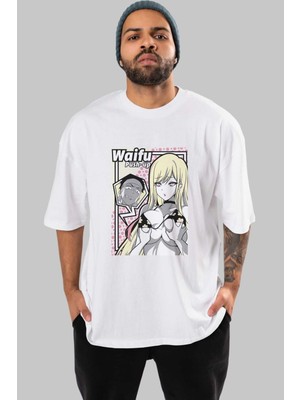 ankhises Waifu Pushup Anime Ön Baskılı Beyaz Oversize T-Shirt Erkek Kadın