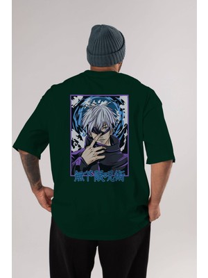 Ankhises Satoru Gojo 3 Anime Arka Baskılı Zümrüt Yeşili Oversize T-Shirt Pamuk Erkek Kadın