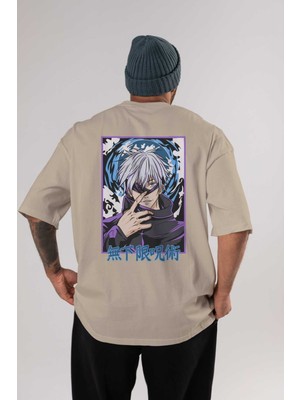 Ankhises Satoru Gojo 3 Anime Arka Baskılı Bej Oversize T-Shirt %100 Pamuk Erkek Kadın