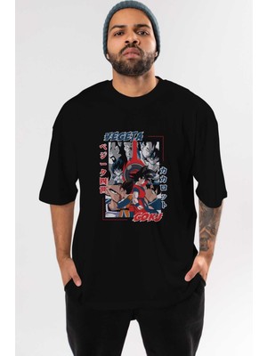 ankhises Vegeta Vs Goku Anime Ön Baskılı Siyah Oversize T-Shirt Erkek Kadın