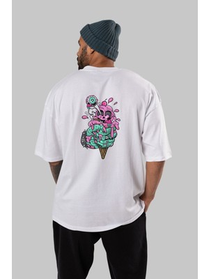 ankhises Ice Cream Zombie Arka Baskılı Beyaz Oversize T-Shirt  Erkek Kadın Bisiklet Yaka