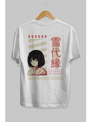 ankhises Yukishiro Enishi Arka Baskılı Beyaz Oversize T-Shirt  Erkek Kadın Bisiklet Yaka