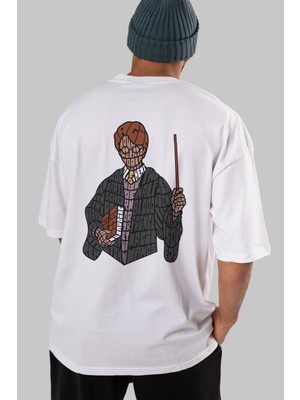 ankhisesHarry Arka Baskılı Beyaz Oversize T-Shirt  Erkek Kadın Bisiklet Yaka