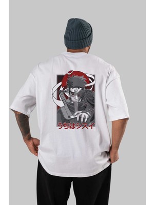 ankhises Shısuı Uchıha Naruto Anime Arka Baskılı Beyaz Oversize T-Shirt  Pamuk Erkek Kadın