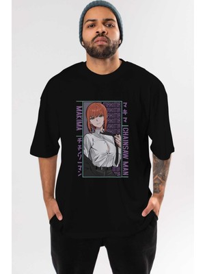 ankhises Makima Chain Saw Man Anime Ön Baskılı Siyah Oversize T-Shirt Erkek Kadın