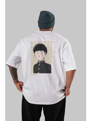 ankhisesShigeo Kageyama 2 Anime Arka Baskılı Beyaz Oversize T-Shirt  Pamuk Erkek Kadın