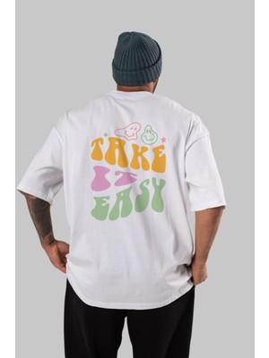 ankhises Take It Easy Yazılı Arka Baskılı Beyaz Oversize T-Shirt Erkek Kadın Bisiklet Yaka