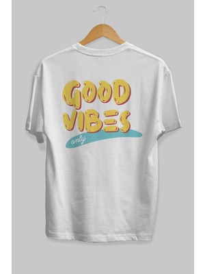 ankhises Good Vibes Arka Baskılı Beyaz Oversize T-Shirt Erkek Kadın Bisiklet Yaka