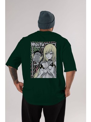 Ankhises Waifu Pushup Anime Arka Baskılı Zümrüt Yeşili Oversize T-Shirt Pamuk Erkek Kadın