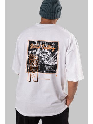 ankhises Wild Passion Arka Baskılı Beyaz Oversize T-Shirt  Erkek Kadın Bisiklet Yaka