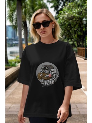 ankhises Bird Pilot Ön Baskılı Siyah Oversize T-Shirt  Erkek Kadın Bisiklet Yaka