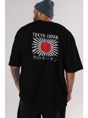 ankhisesTokyo Japan Yazılı Arka Baskılı Siyah Oversize T-Shirt  Erkek Kadın Bisiklet Yaka