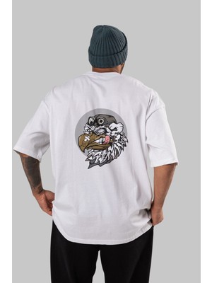 ankhises Bird Pilot Arka Baskılı Beyaz Oversize T-Shirt  Erkek Kadın Bisiklet Yaka