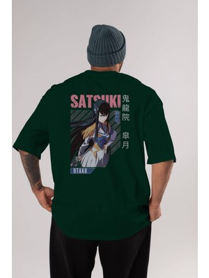 Ankhises Satsuki Kiryuuin 8 Anime Arka Baskılı Zümrüt Yeşili Oversize T-Shirt Pamuk Erkek Kadın