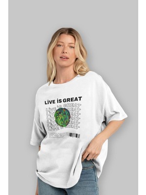 ankhises Live Is Great Yazılı Ön Baskılı Beyaz Oversize T-Shirt Erkek Kadın Bisiklet Yaka