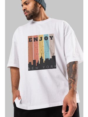 ankhises Enjoy New York Yazılı Ön Baskılı Beyaz Oversize T-Shirt Erkek Kadın Bisiklet Yaka