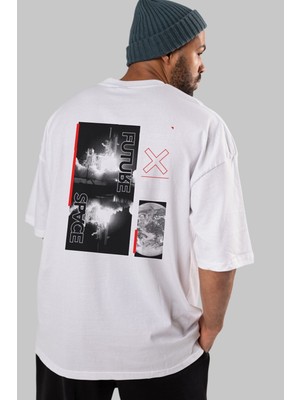 ankhisesFuture Space Arka Baskılı Beyaz Oversize T-Shirt  Erkek Kadın Bisiklet Yaka