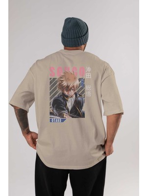 Ankhises Sougo Okita Gıntama Anime Arka Baskılı Bej Oversize T-Shirt %100 Pamuk Erkek Kadın