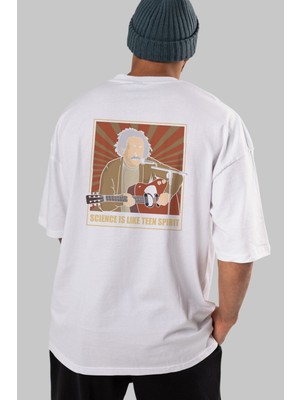ankhises Kurt Einstein Arka Baskılı Beyaz Oversize T-Shirt  Erkek Kadın Bisiklet Yaka