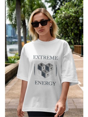 ankhises Extreme Energy Ön Baskılı Beyaz Oversize T-Shirt  Erkek Kadın Bisiklet Yaka