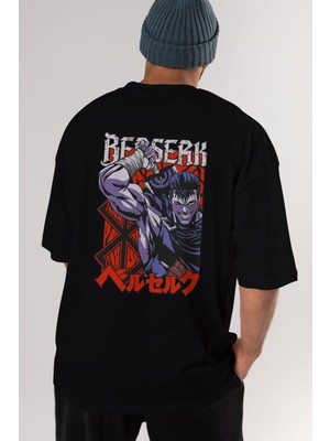 ankhisesGuts Berserk Anime Arka Baskılı Siyah Oversize T-Shirt Erkek Kadın