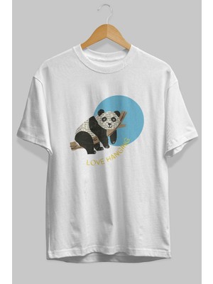 ankhises Panda Love Hanging Ön Baskılı Beyaz Oversize T-Shirt Erkek Kadın Bisiklet Yaka