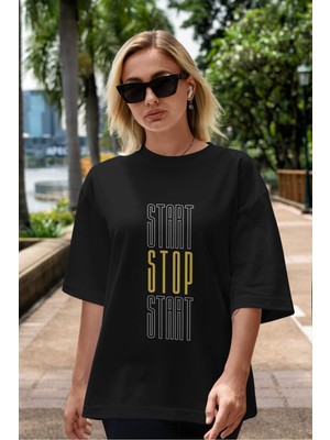 ankhises Start Stop Start Yazılı Ön Baskılı Siyah Oversize T-Shirt  Erkek Kadın Bisiklet Yaka