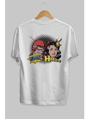 ankhisesComic Wow Yazılı Arka Baskılı Beyaz Oversize T-Shirt Erkek Kadın Bisiklet Yaka