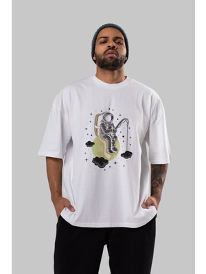 ankhises Astronaut Fishing Ön Baskılı Beyaz Oversize T-Shirt  Erkek Kadın Bisiklet Yaka