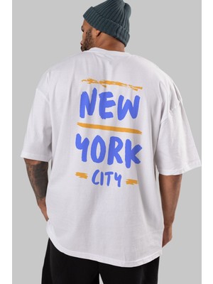 ankhises New York City 3 Arka Baskılı Beyaz Oversize T-Shirt Erkek Kadın Bisiklet Yaka