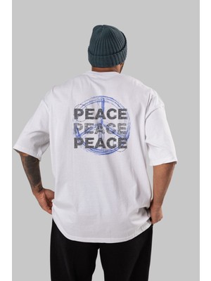 ankhises Peace Yazılı Arka Baskılı Beyaz Oversize T-Shirt Erkek Kadın Bisiklet Yaka