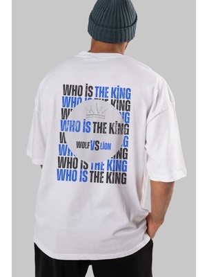 ankhises Who Is The King Yazılı Arka Baskılı Beyaz Oversize T-Shirt Erkek Kadın Bisiklet Yaka