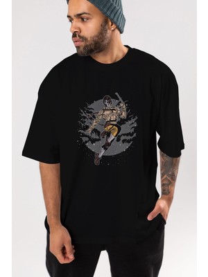 ankhises Vega Ön Baskılı Siyah Oversize T-Shirt  Erkek Kadın Bisiklet Yaka