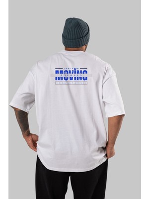 ankhises Just Keep Moving Yazılı Arka Baskılı Beyaz Oversize T-Shirt Erkek Kadın Bisiklet Yaka
