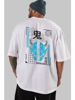 ankhisesJapan Mythology Arka Baskılı Beyaz Oversize T-Shirt  Erkek Kadın Bisiklet Yaka