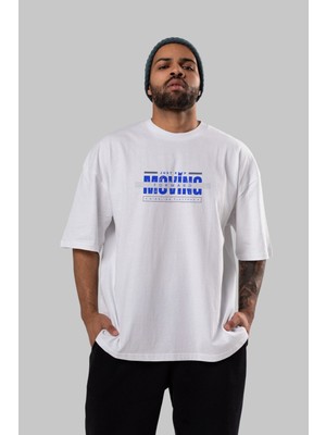 ankhises Just Keep Moving Yazılı Ön Baskılı Beyaz Oversize T-Shirt Erkek Kadın Bisiklet Yaka